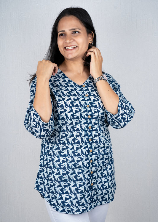 Blue bird print shirt