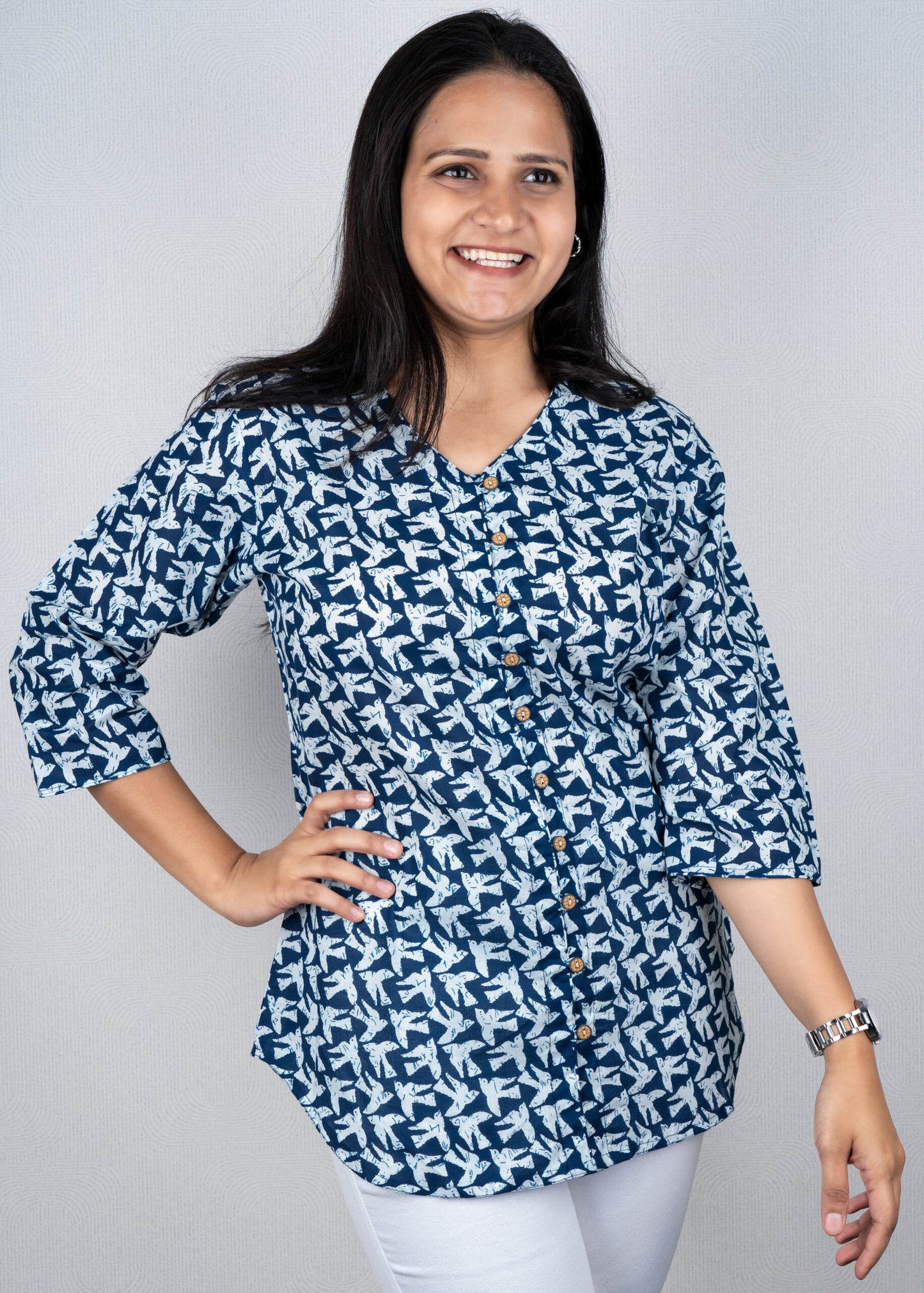 Blue bird print shirt