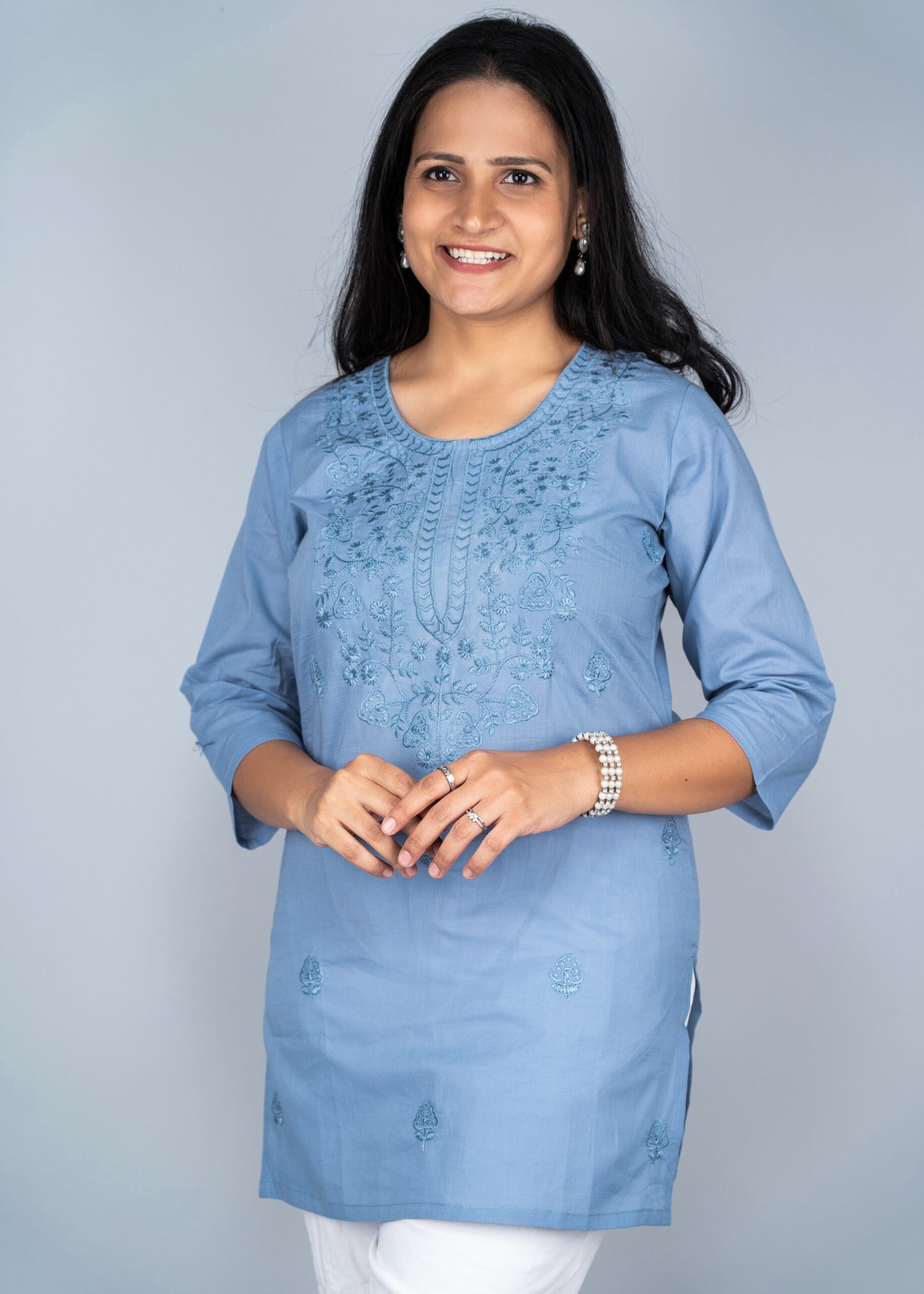 Maya Blue Chikankari Short Kurta