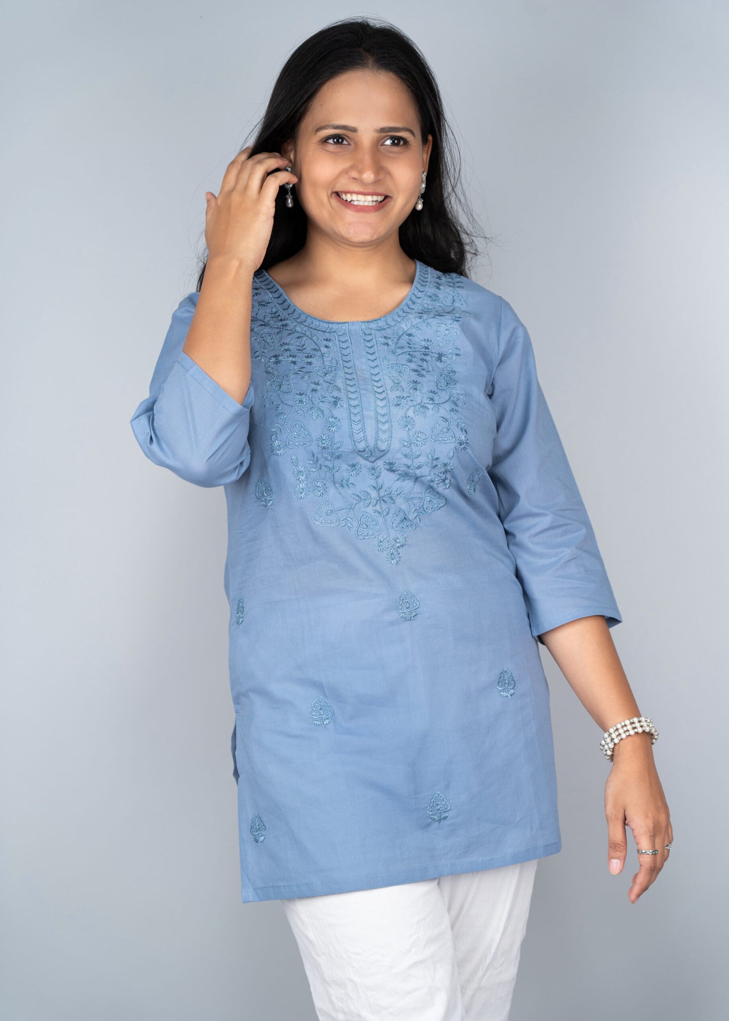 Maya Blue Chikankari Short Kurta