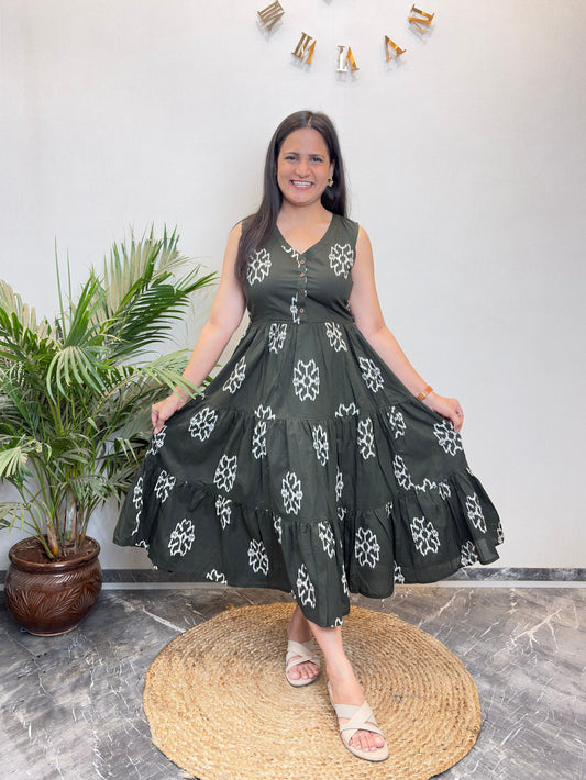 "Mehreen" Mehendi Colour Pure Cotton Summer Dress