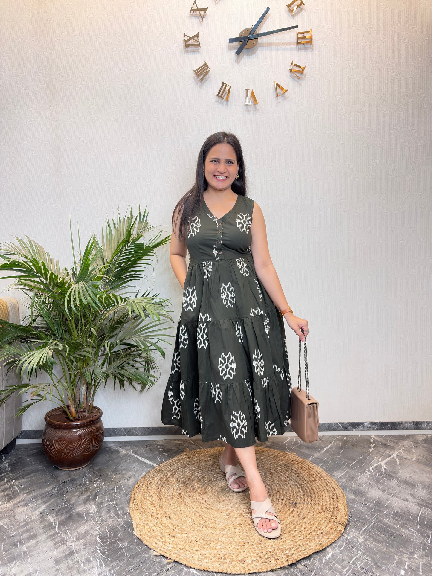 "Mehreen" Mehendi Colour Pure Cotton Summer Dress