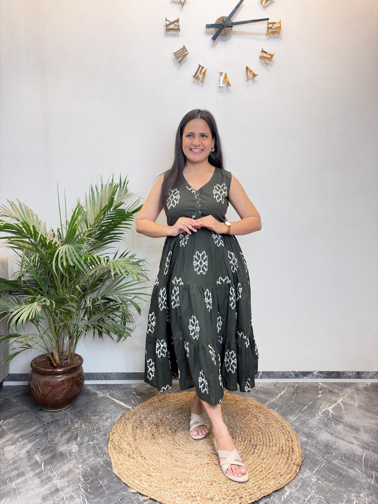 "Mehreen" Mehendi Colour Pure Cotton Summer Dress