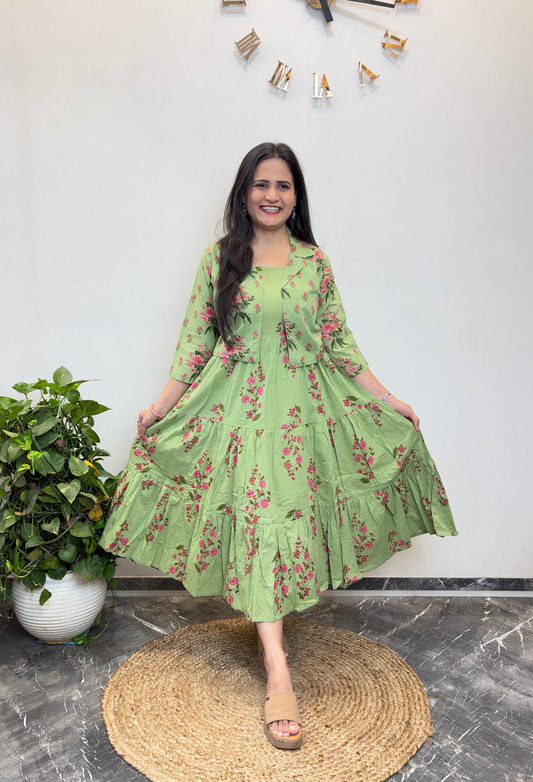 "Mishti" Floral Cotton Dress with Printed Jacket