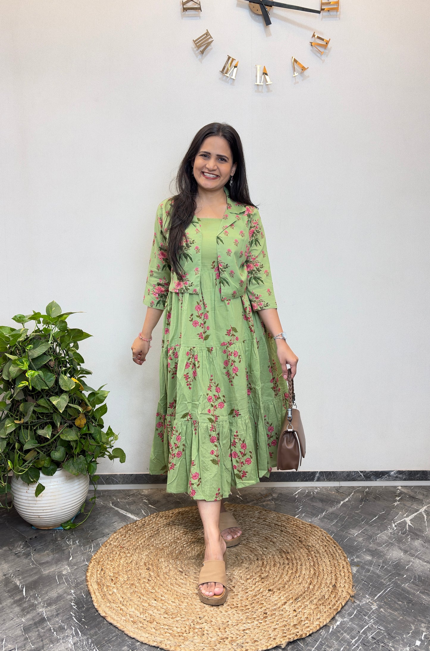 "Mishti" Floral Cotton Dress with Printed Jacket