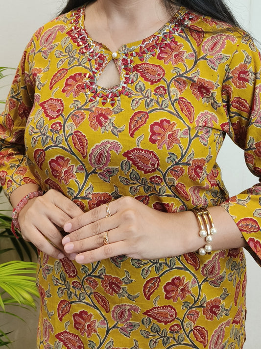 Mustard and Red Floral Mirror Work Cotton Long Kurta