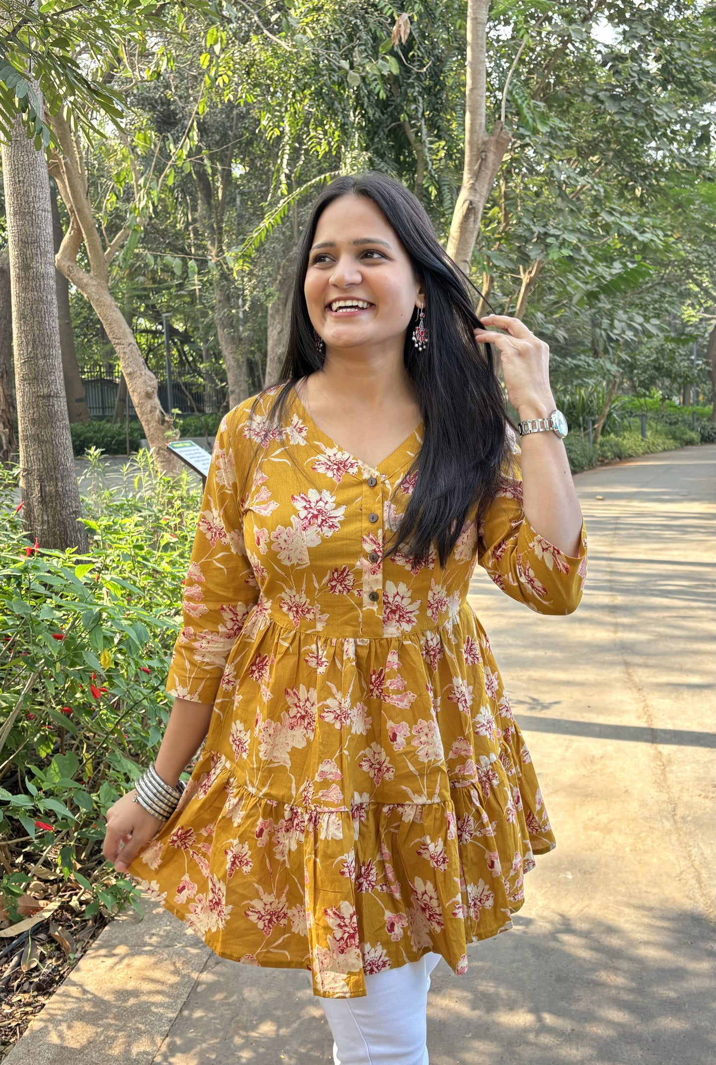 Mustard Floral Tunic Top with Pockets