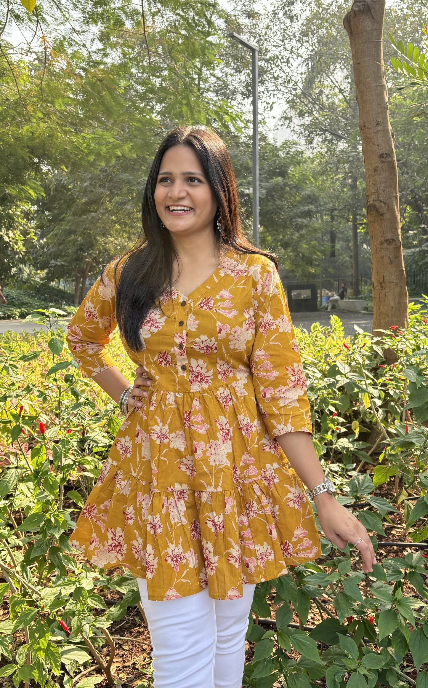 Mustard Floral Tunic Top with Pockets