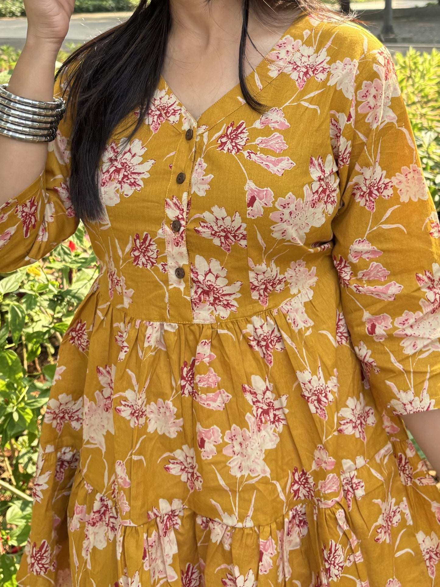 Mustard Floral Tunic Top with Pockets