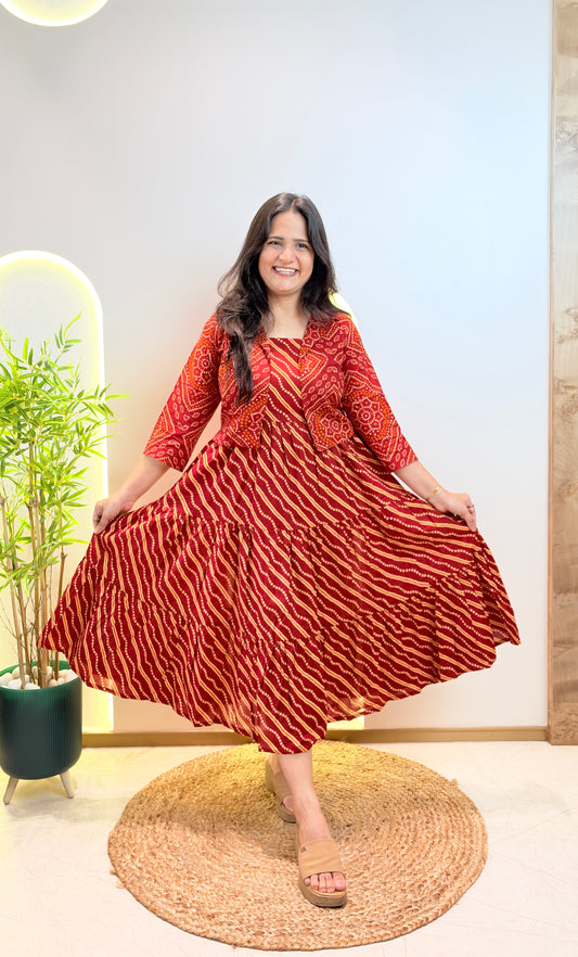 "Naira" Red Lehriya Dress with Bandhej Jacket