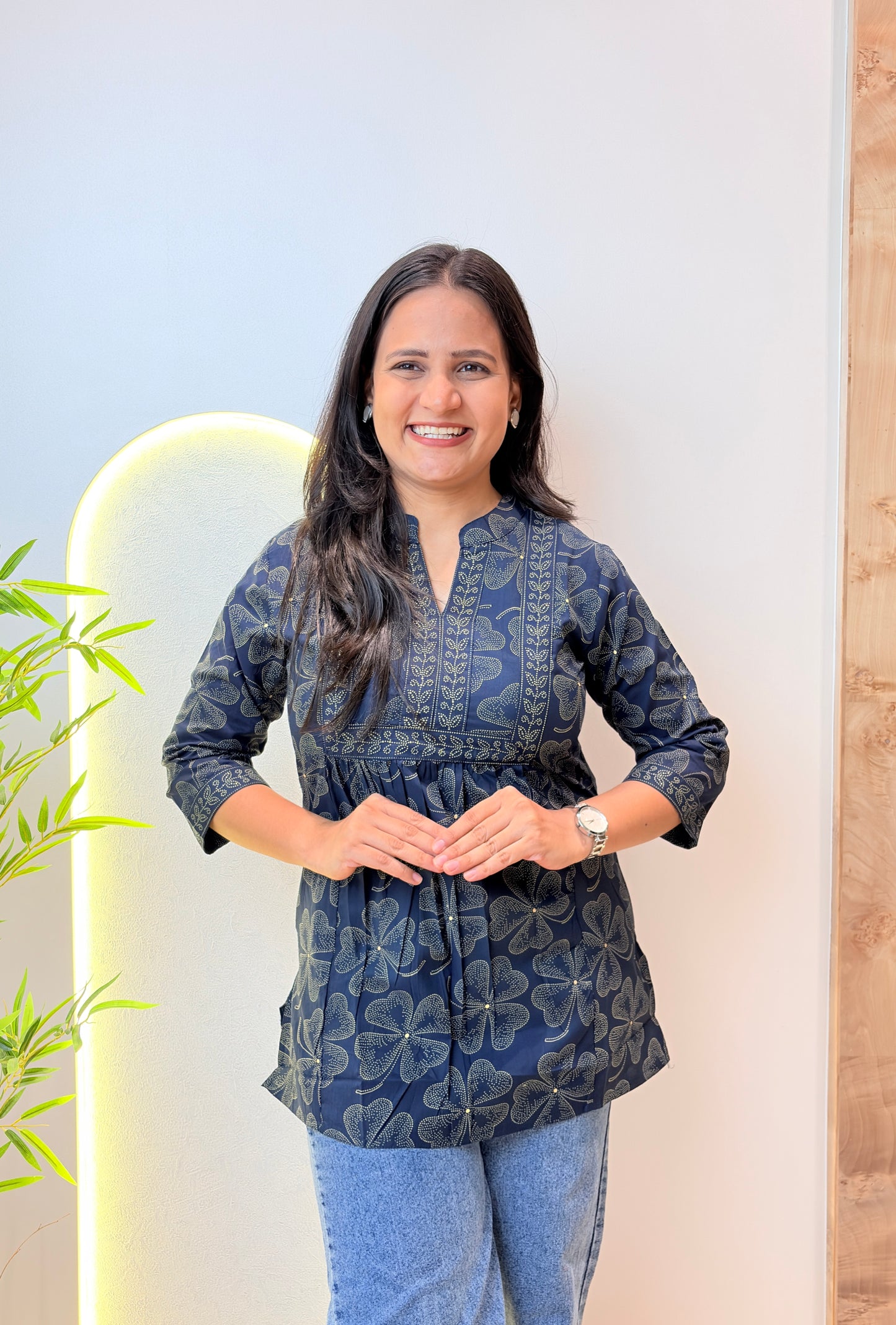 Navy Blue Floral Printed Short Kurta