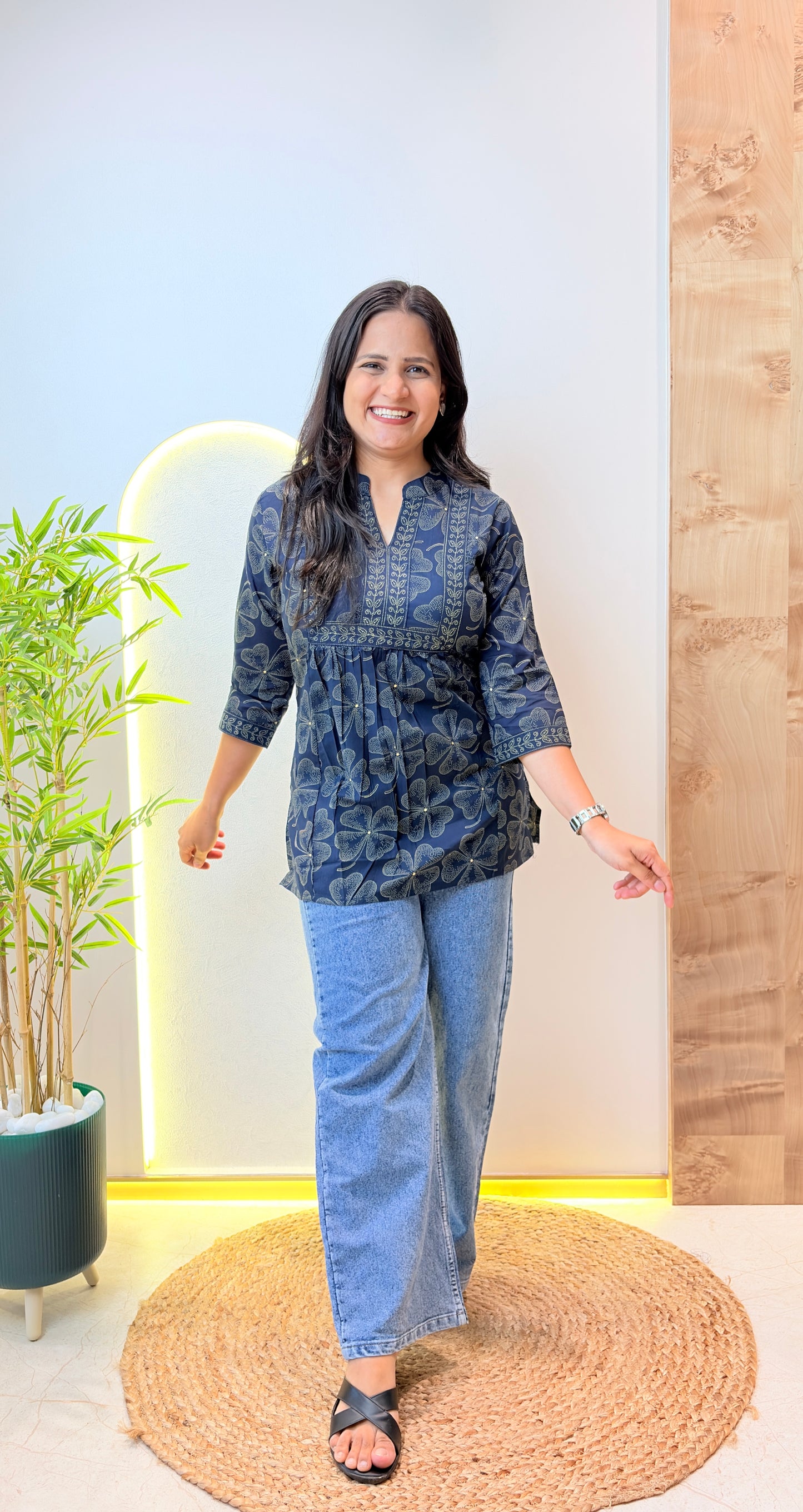 Navy Blue Floral Printed Short Kurta