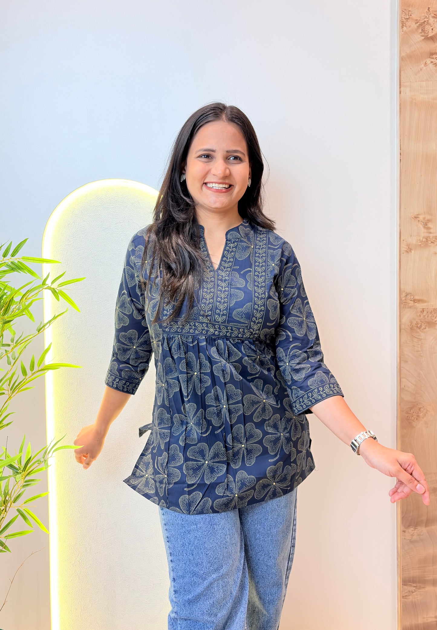 Navy Blue Floral Printed Short Kurta