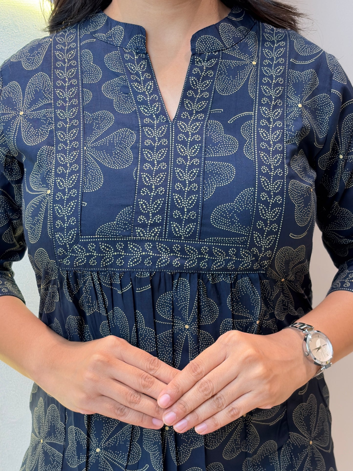 Navy Blue Floral Printed Short Kurta