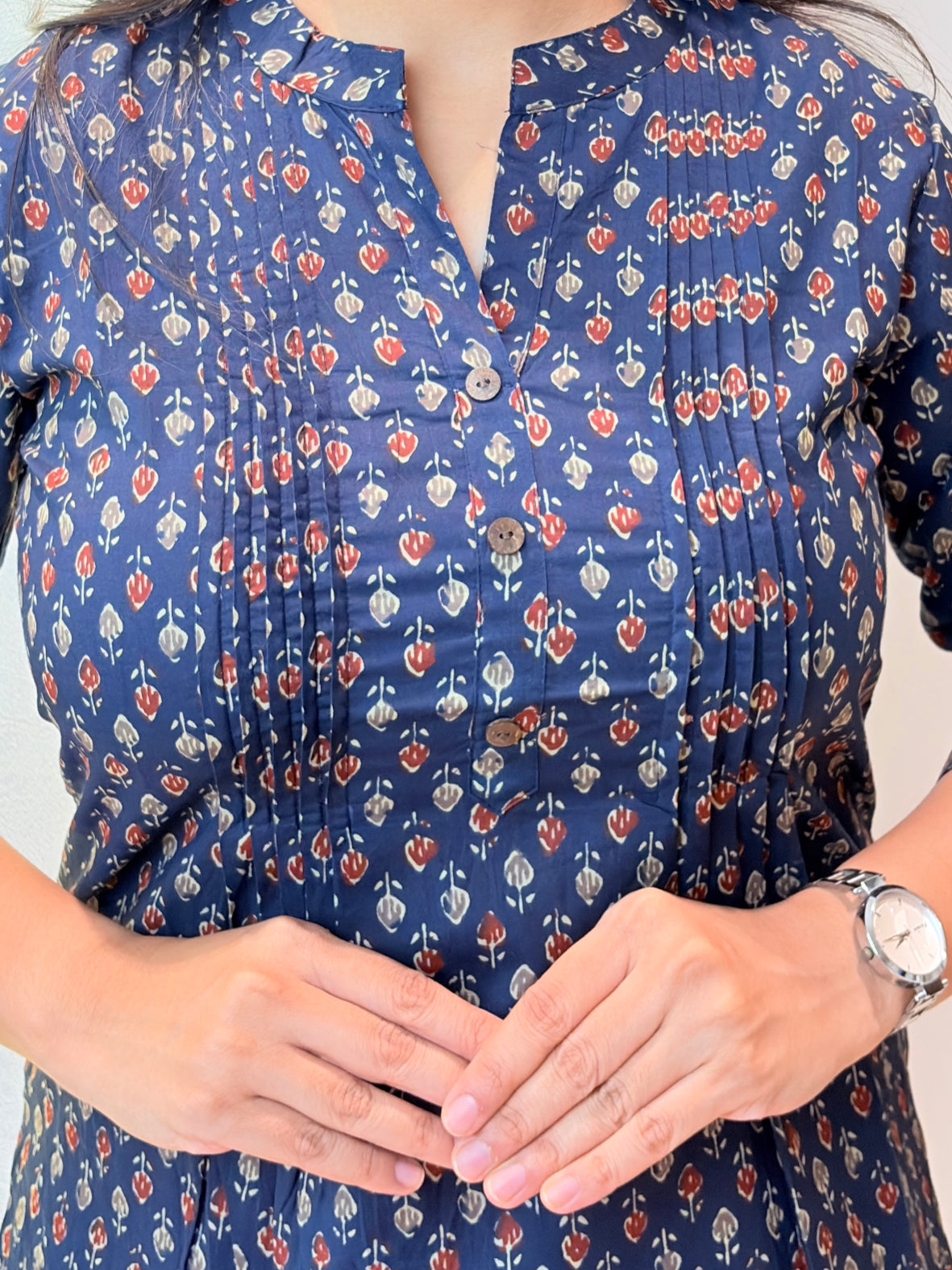 Navy Blue Motif Pintex Short Kurta