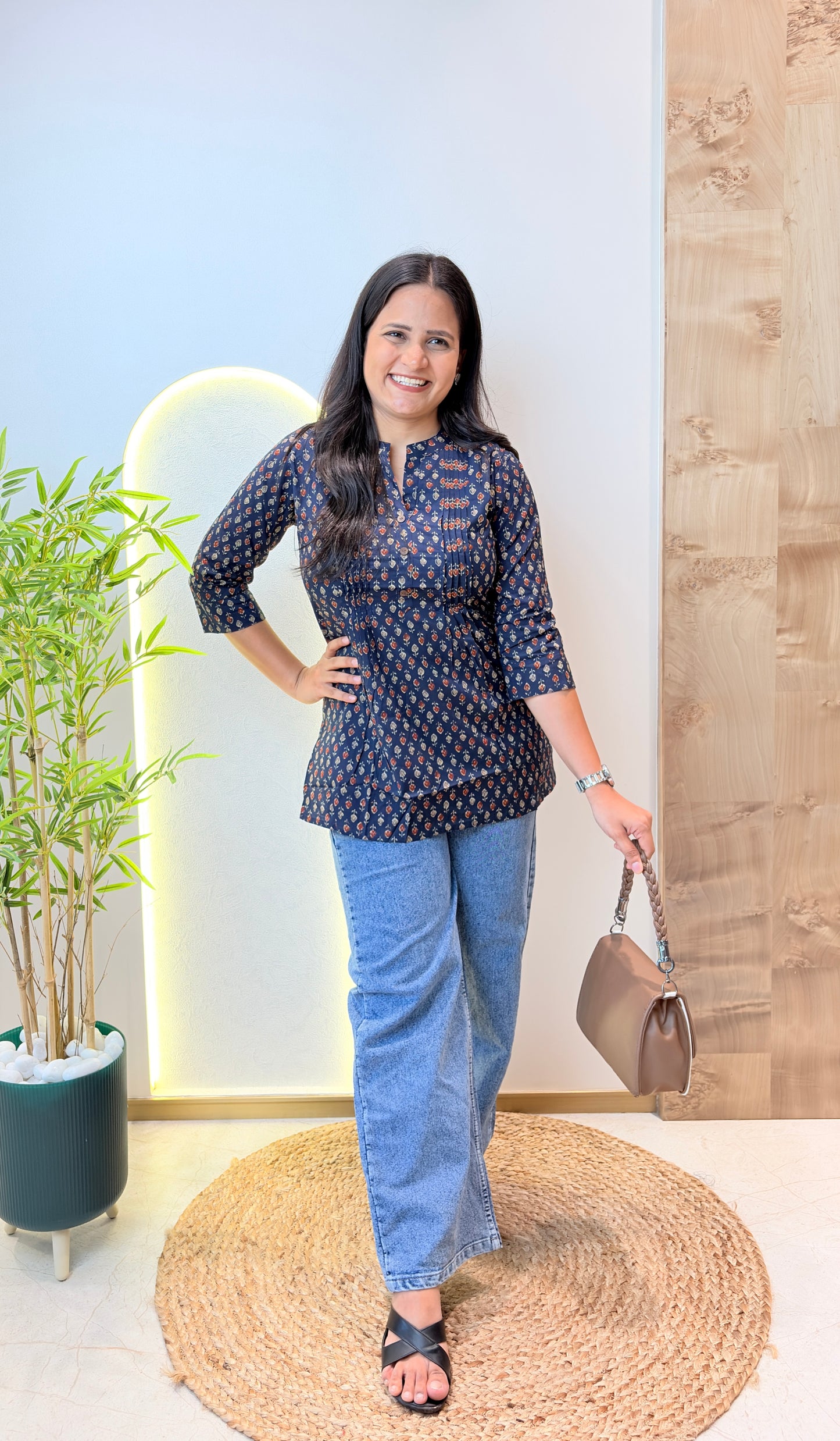 Navy Blue Motif Pintex Short Kurta