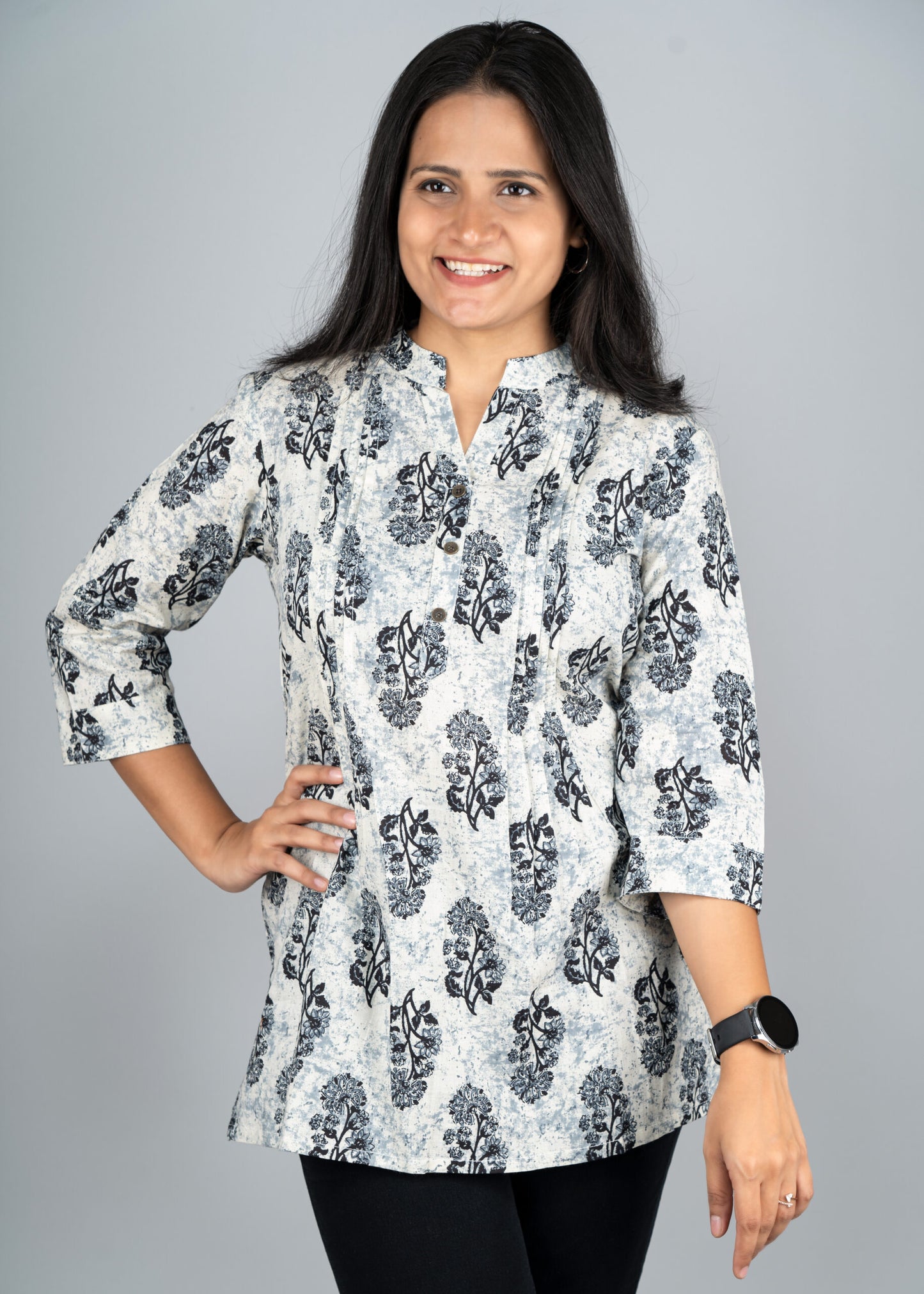 Off-white and black floral pintex short kurta