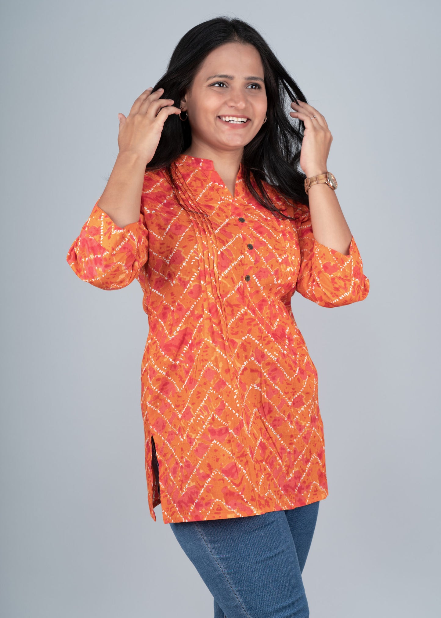 Orange bandhej pintex short kurta