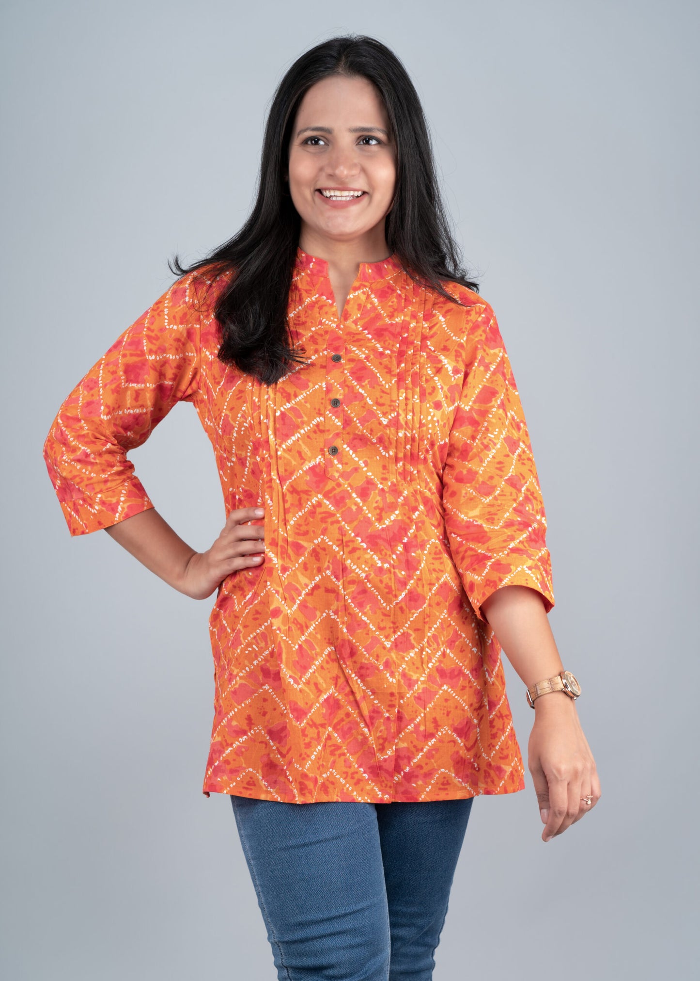 Orange bandhej pintex short kurta