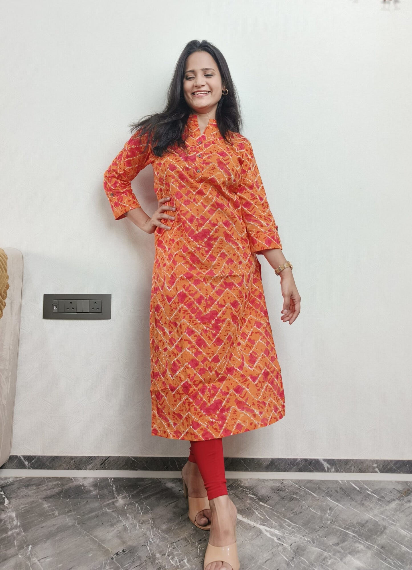 Orange bandhej print long kurta