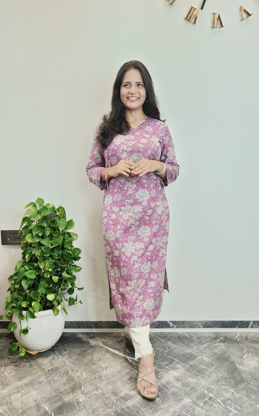 Orchid purple floral printed long kurta