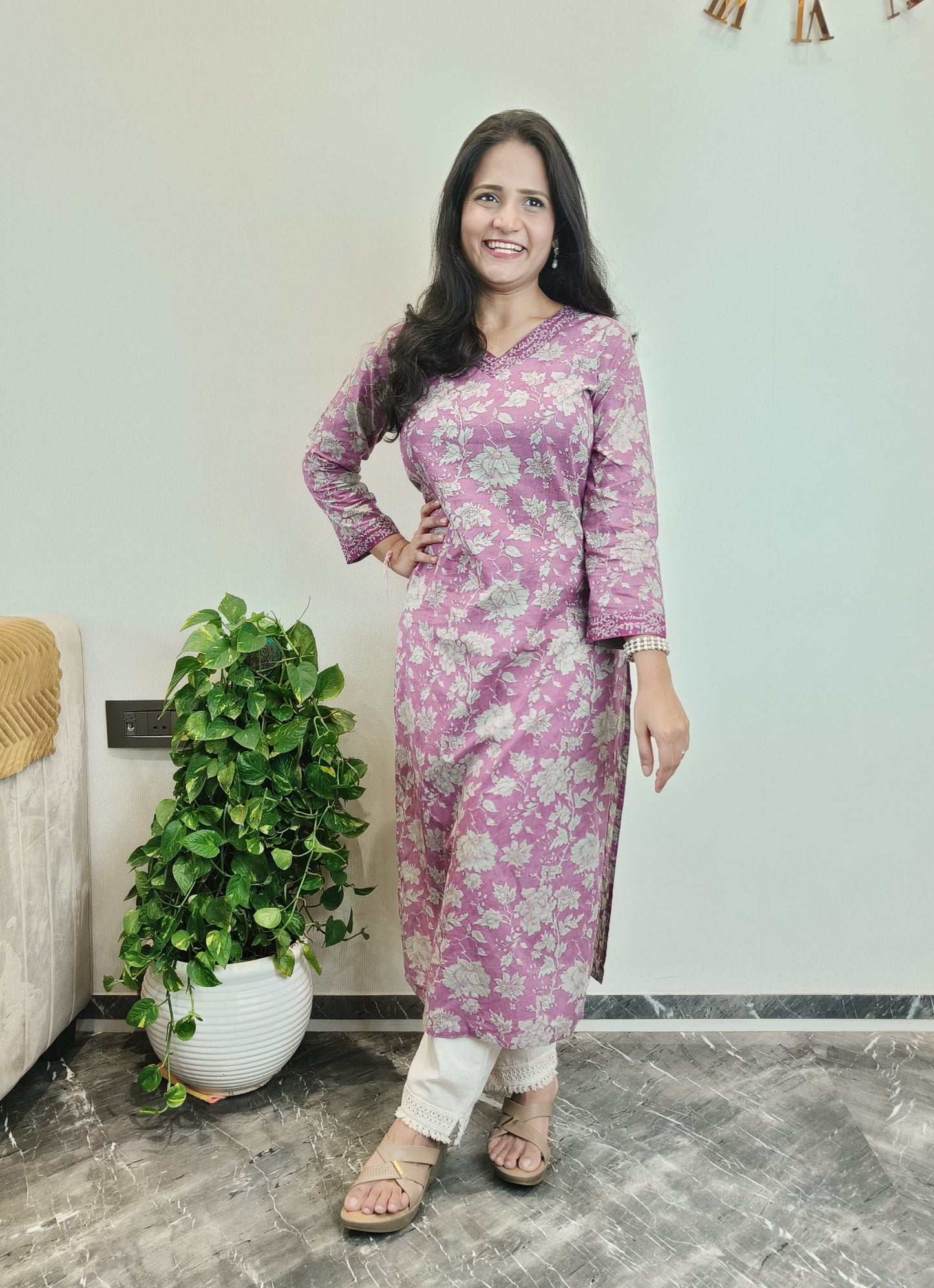 Orchid purple floral printed long kurta