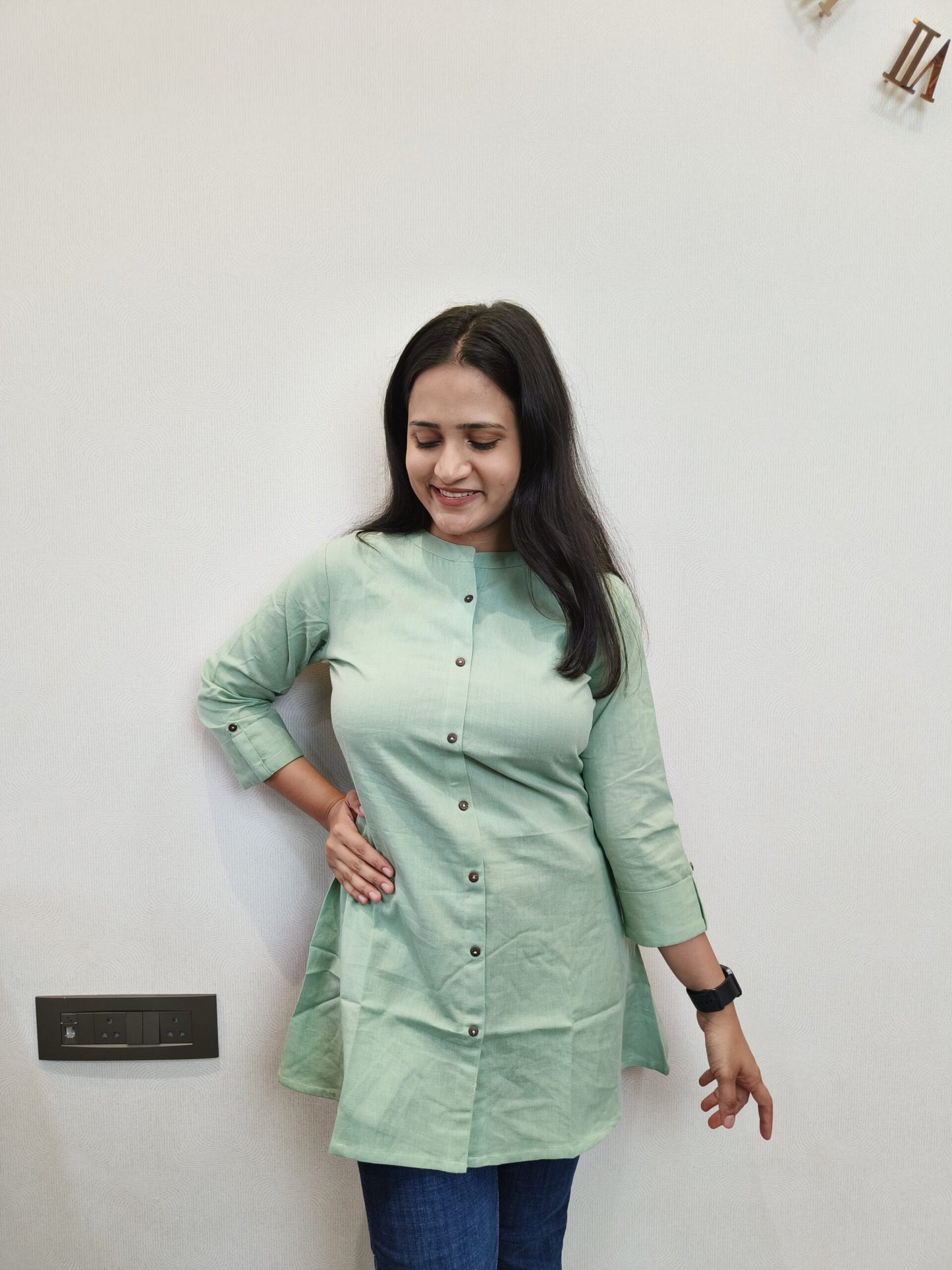 Pista green solid colour short kurta