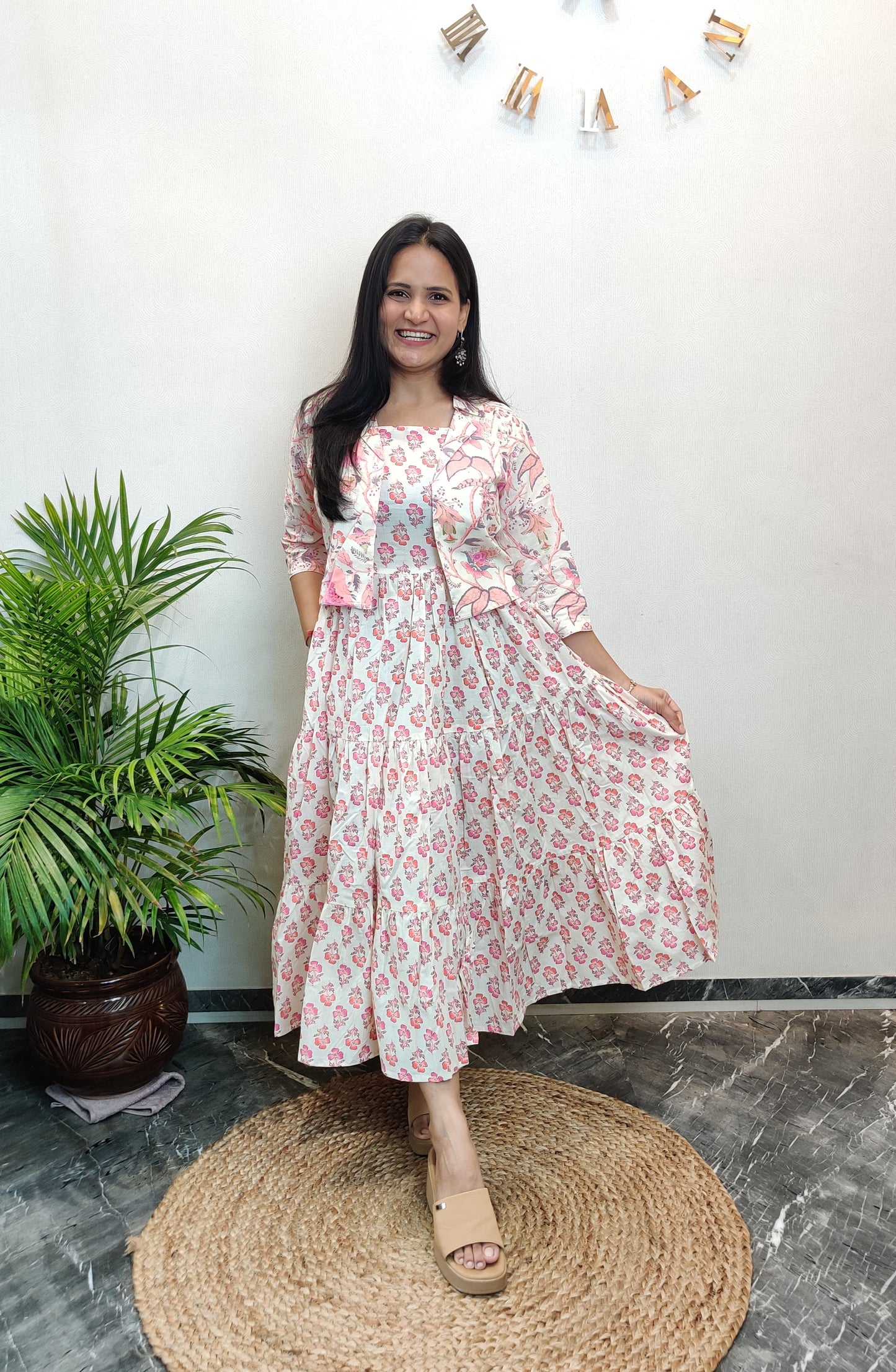 "Pakhi" Floral Cotton Dress with Printed Jacket
