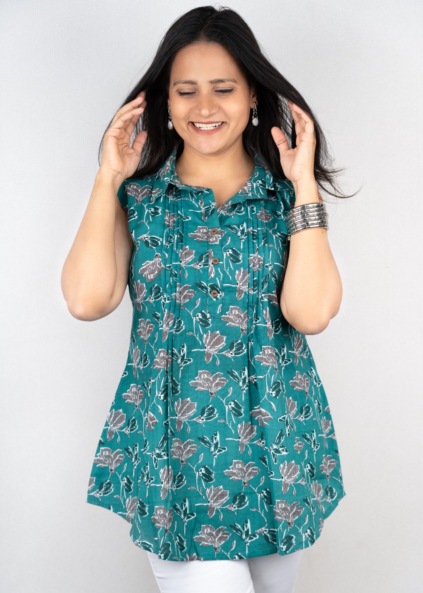 Peacock Green Floral Pintex Short Kurta