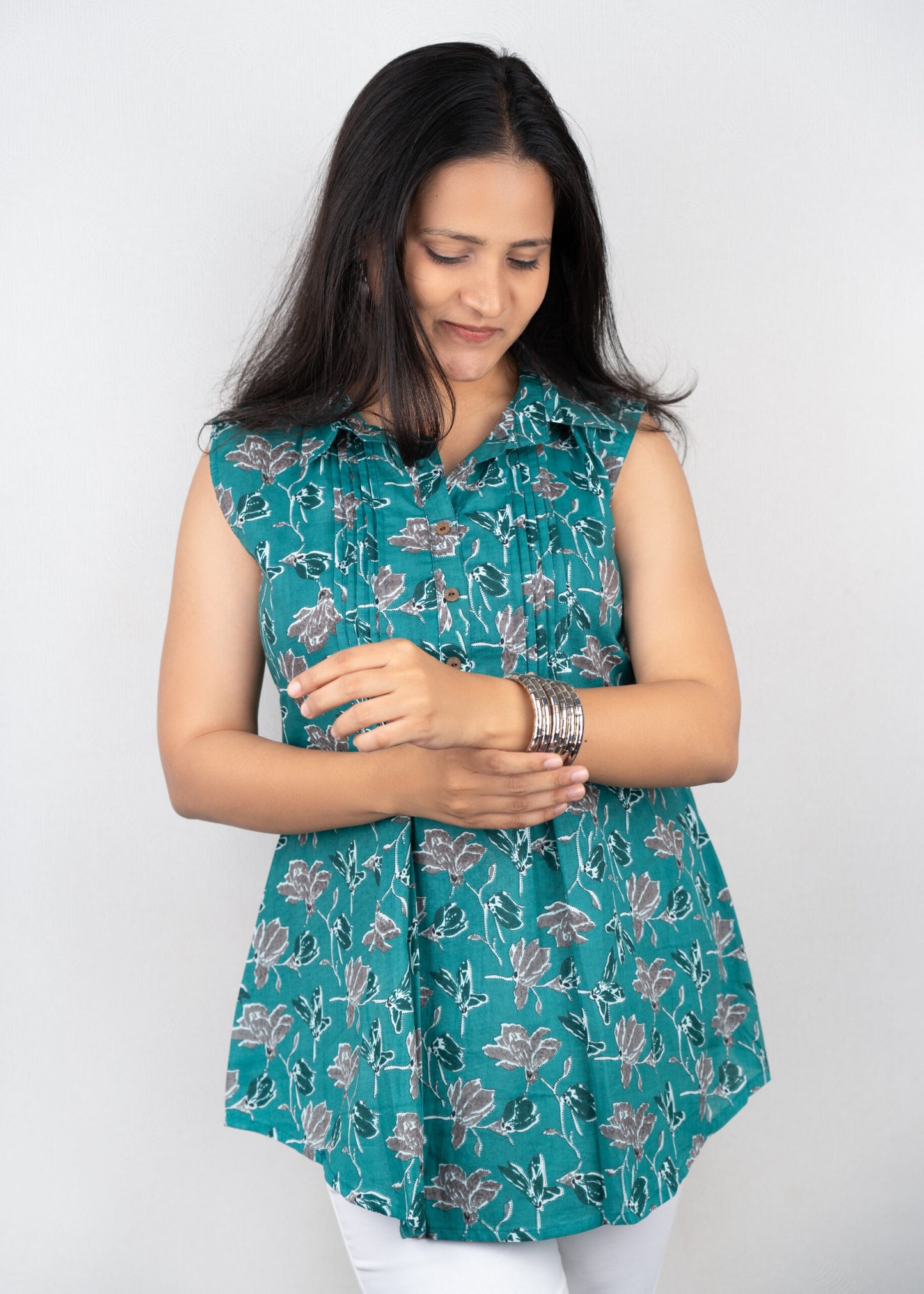 Peacock Green Floral Pintex Short Kurta