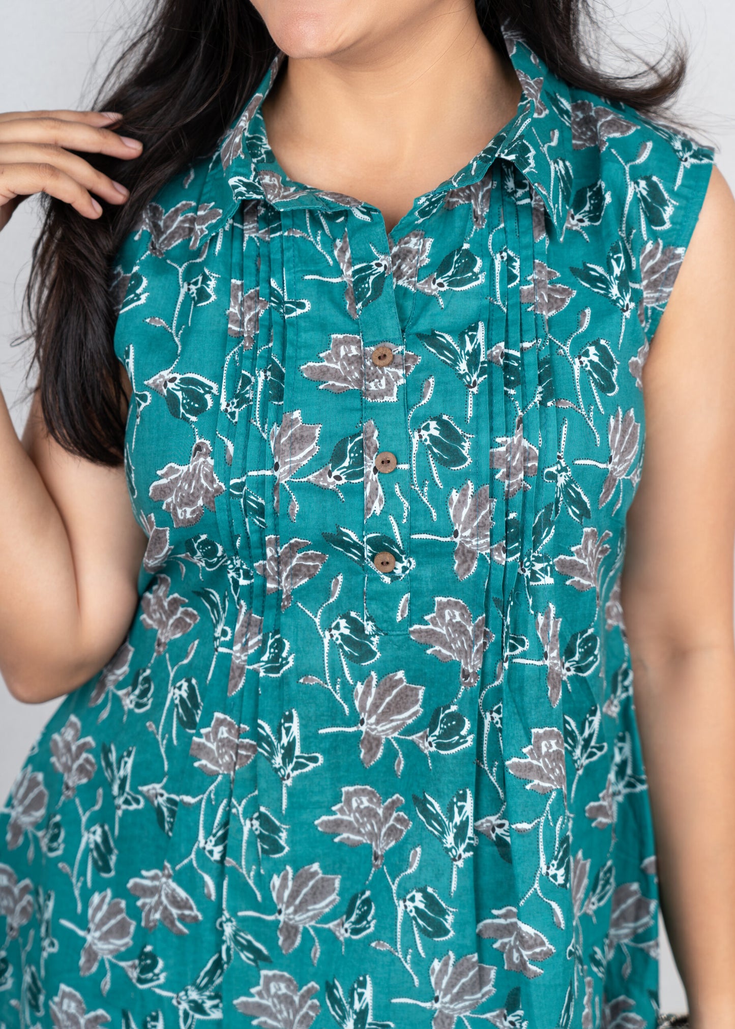 Peacock Green Floral Pintex Short Kurta