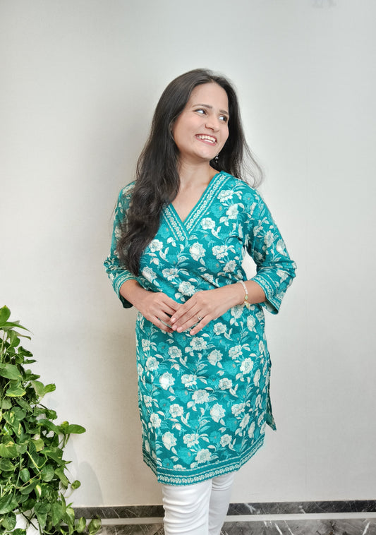 Persian Green Floral Short Kurta with pockets