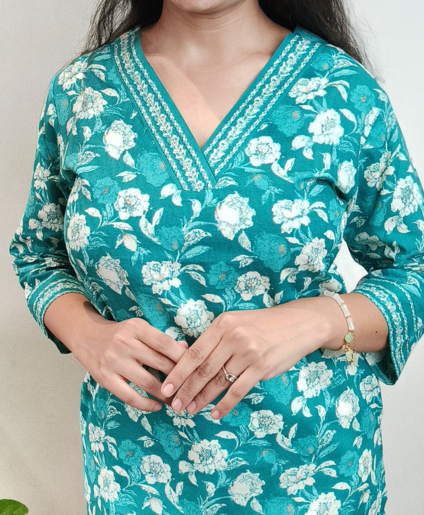 Persian Green Floral Short Kurta with pockets