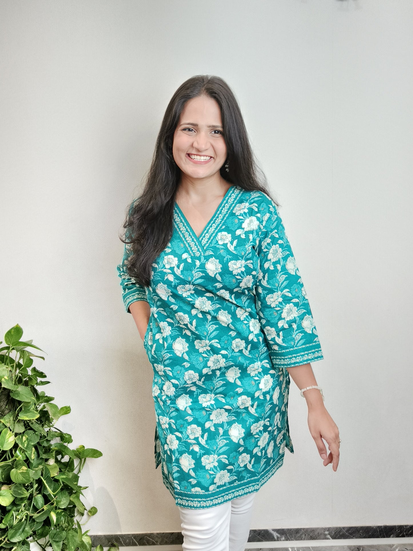 Persian Green Floral Short Kurta with pockets