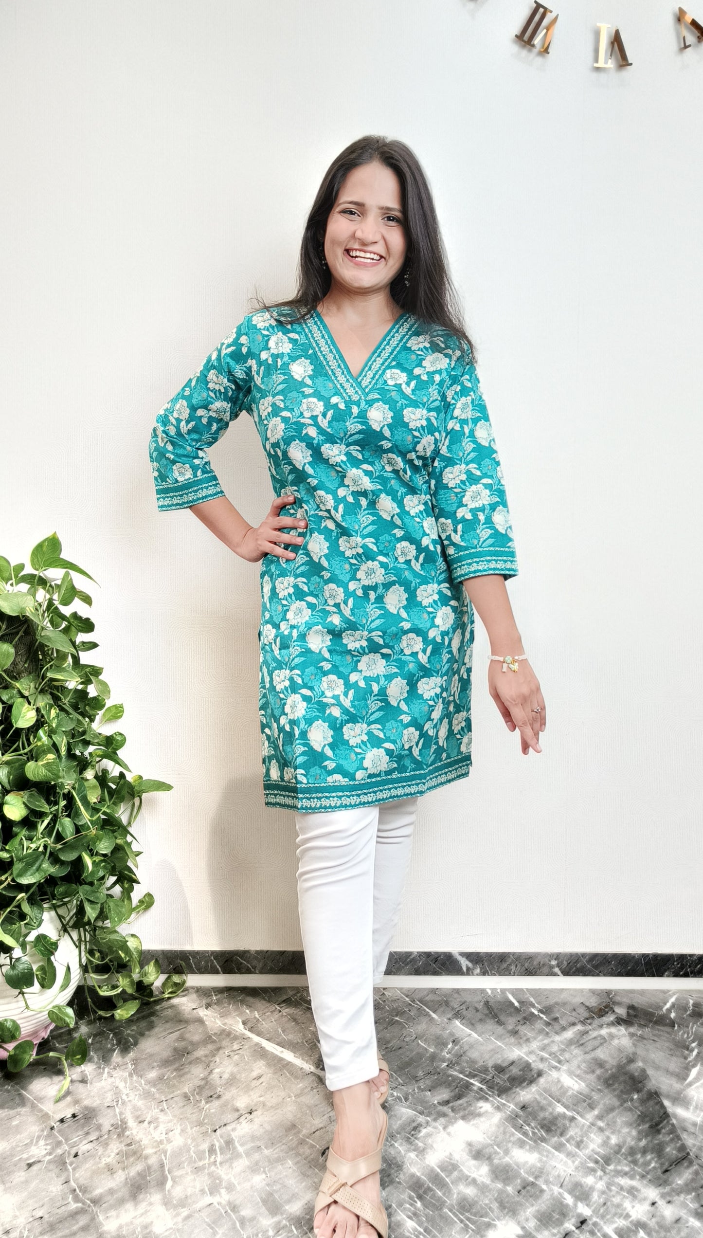 Persian Green Floral Short Kurta with pockets