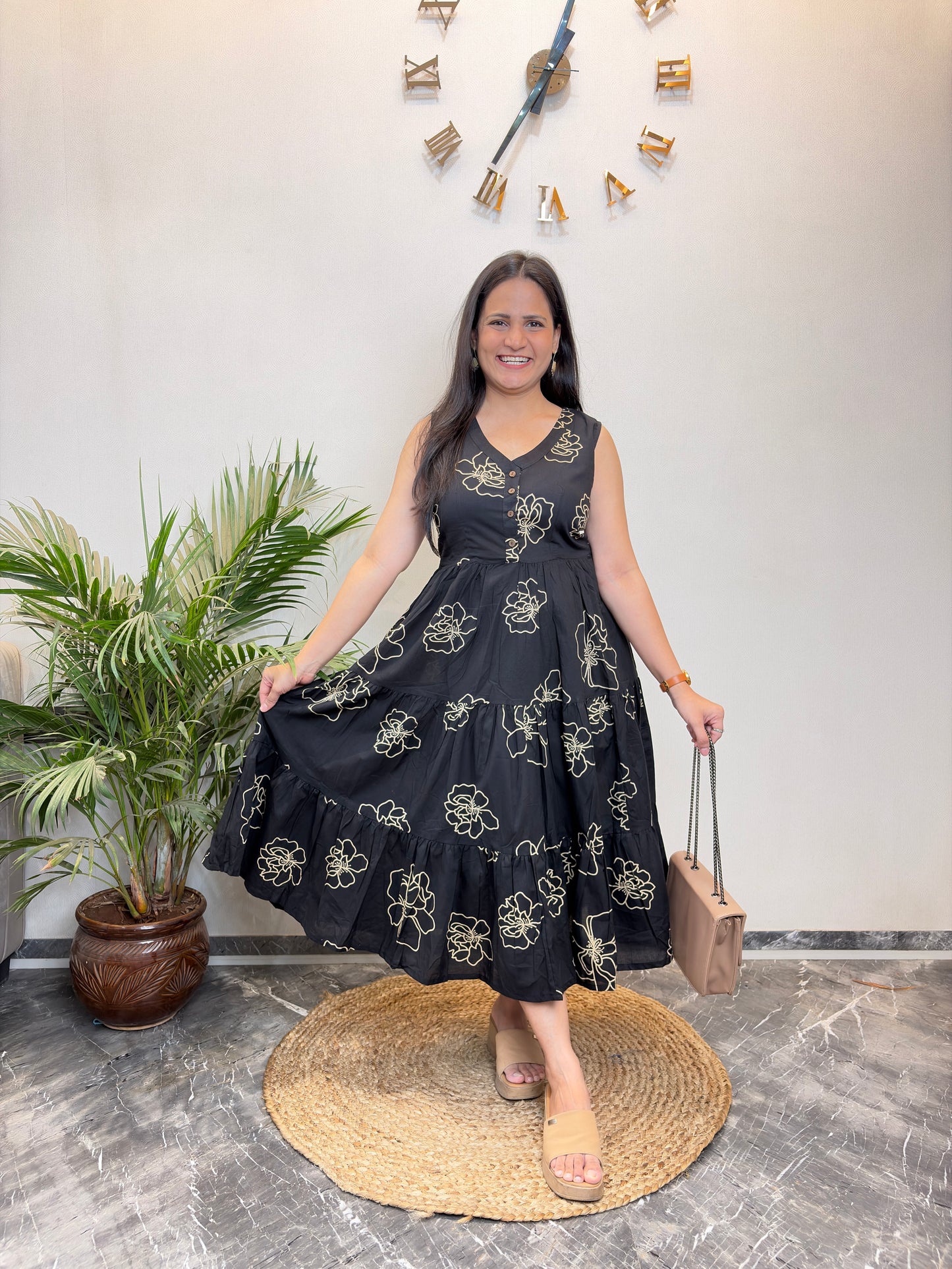 "Pihu" Black Floral Pure Cotton Summer Dress