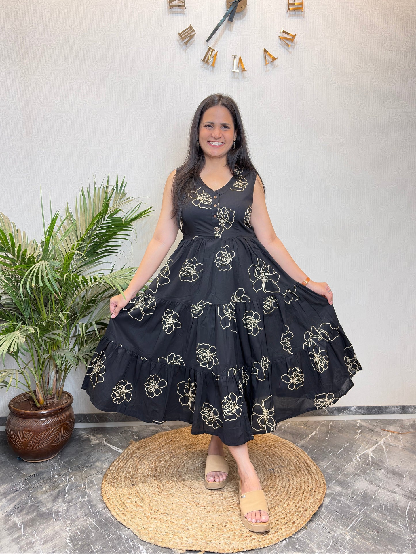 "Pihu" Black Floral Pure Cotton Summer Dress