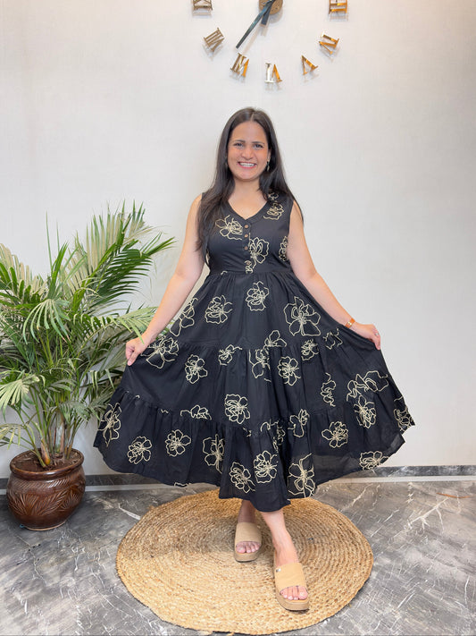 "Pihu" Black Floral Pure Cotton Summer Dress