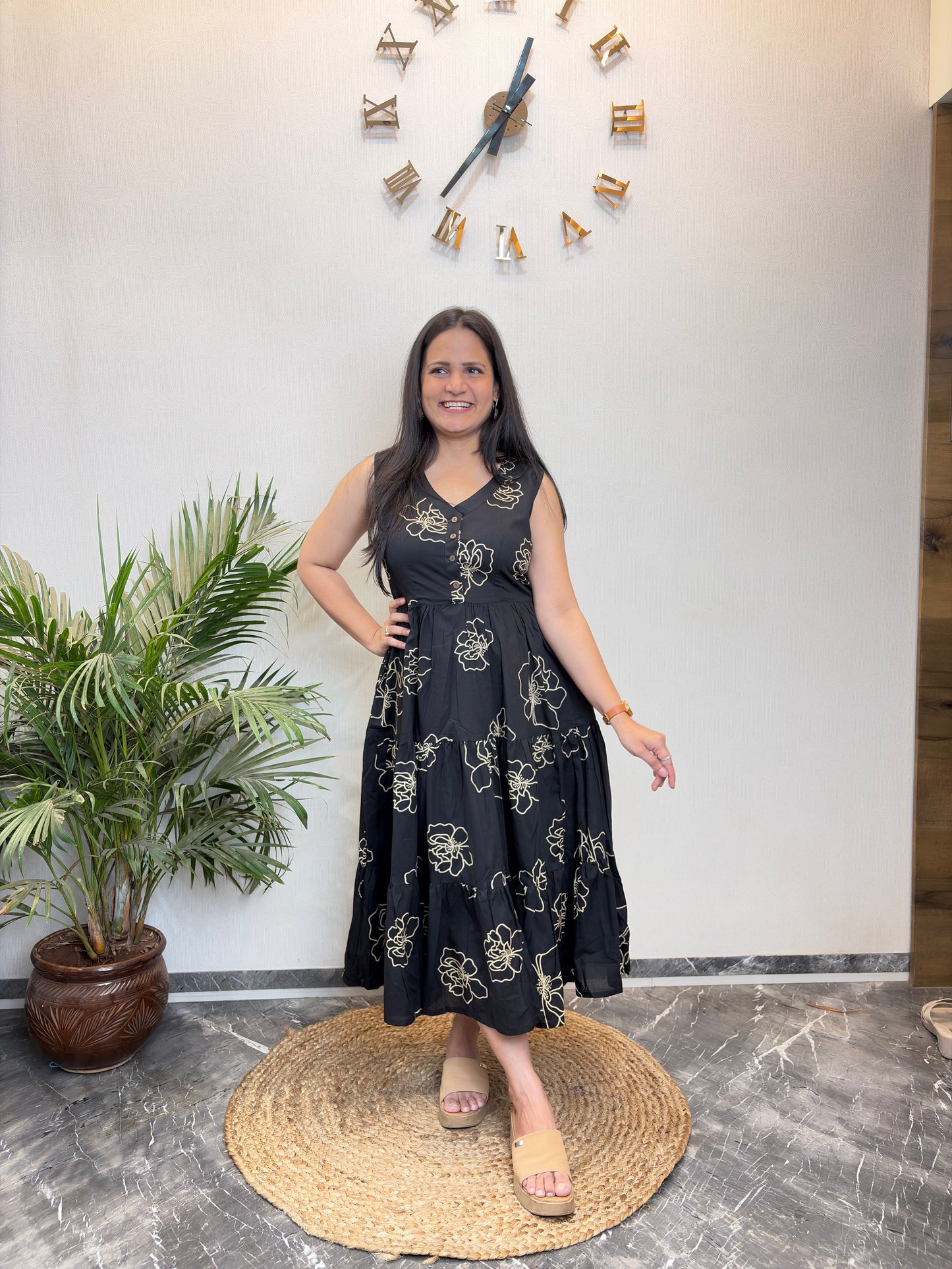 "Pihu" Black Floral Pure Cotton Summer Dress