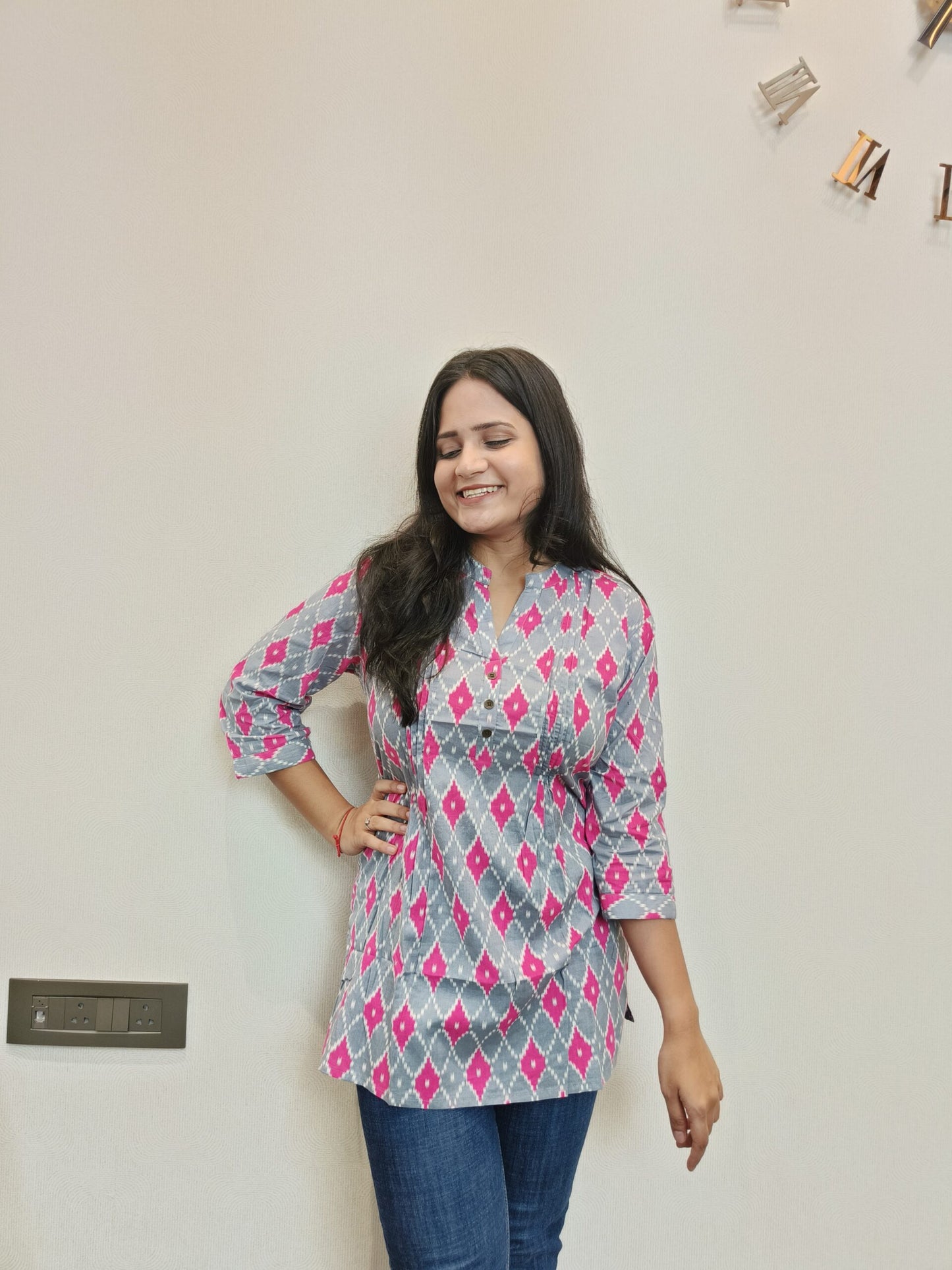 Pink and grey pintex short kurta