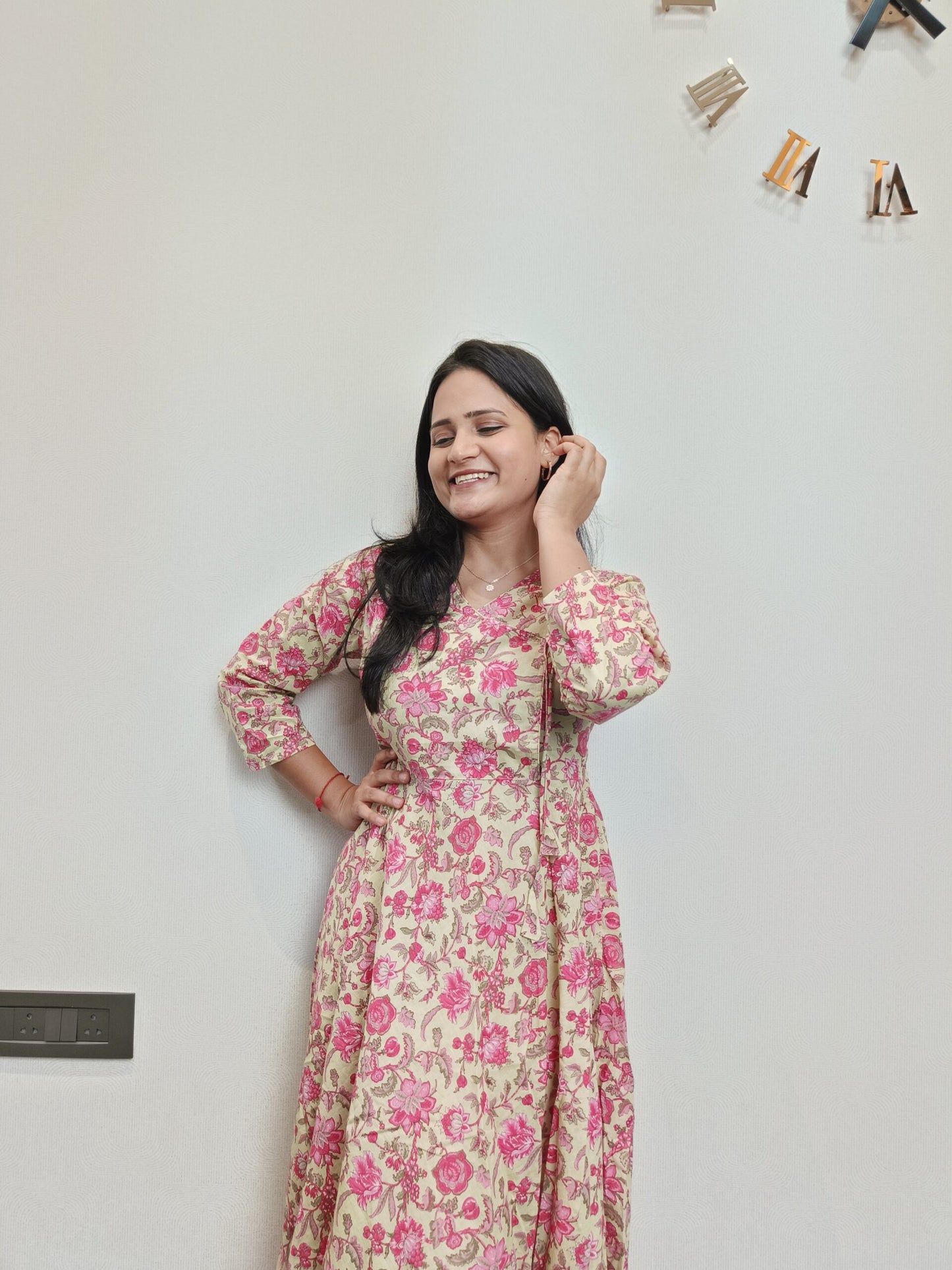 Pink flower printed angarkha styled umbrella dress