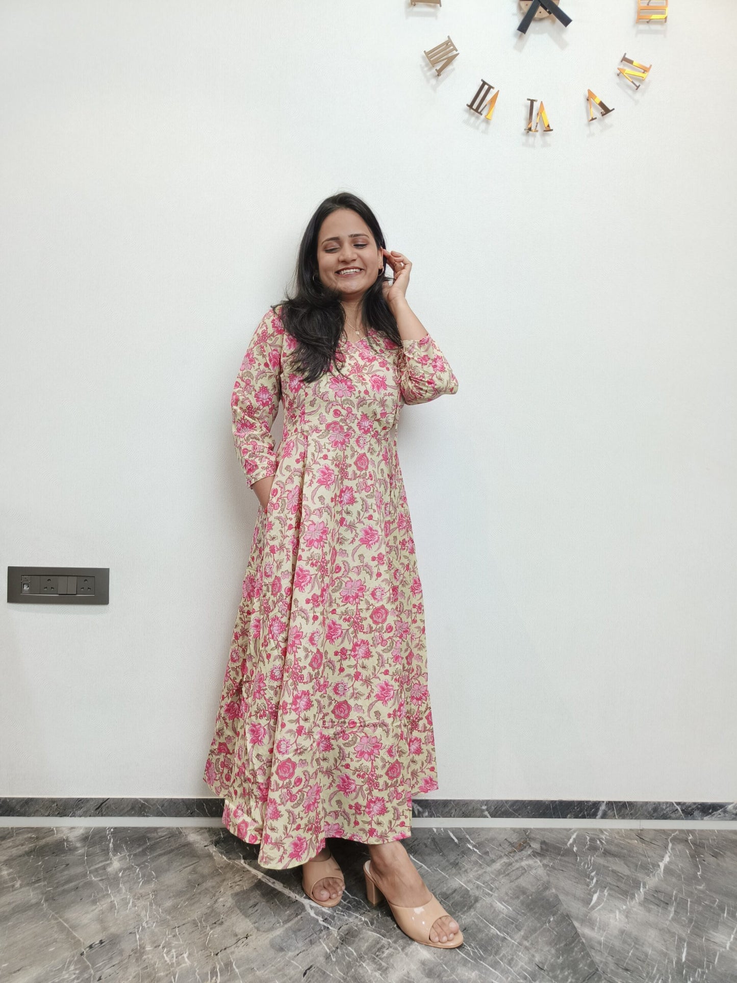 Pink flower printed angarkha styled umbrella dress