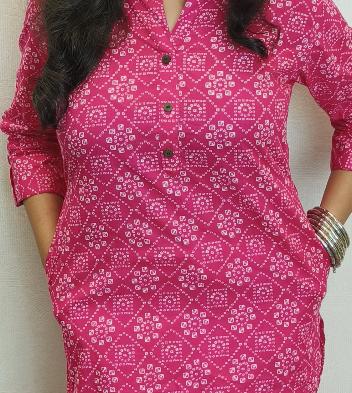 Pink Bandhej Short Kurta with Pockets