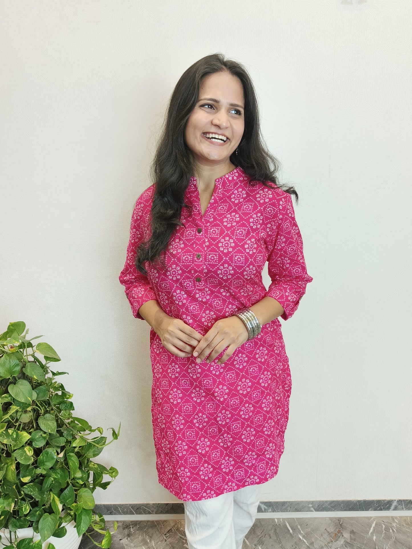 Pink Bandhej Short Kurta with Pockets