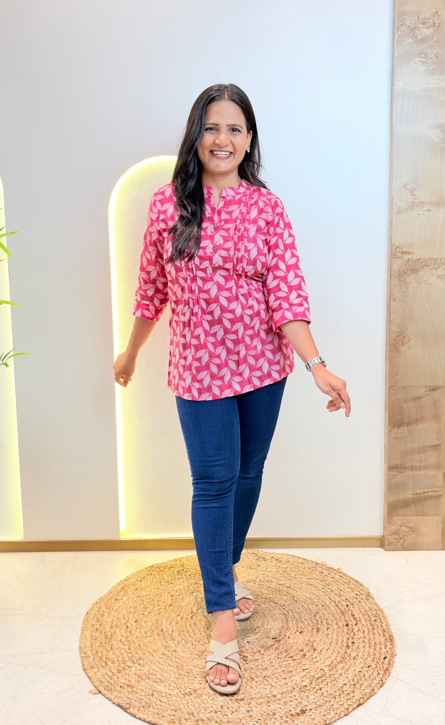 Pink Leaf Print Pintex Short Kurta