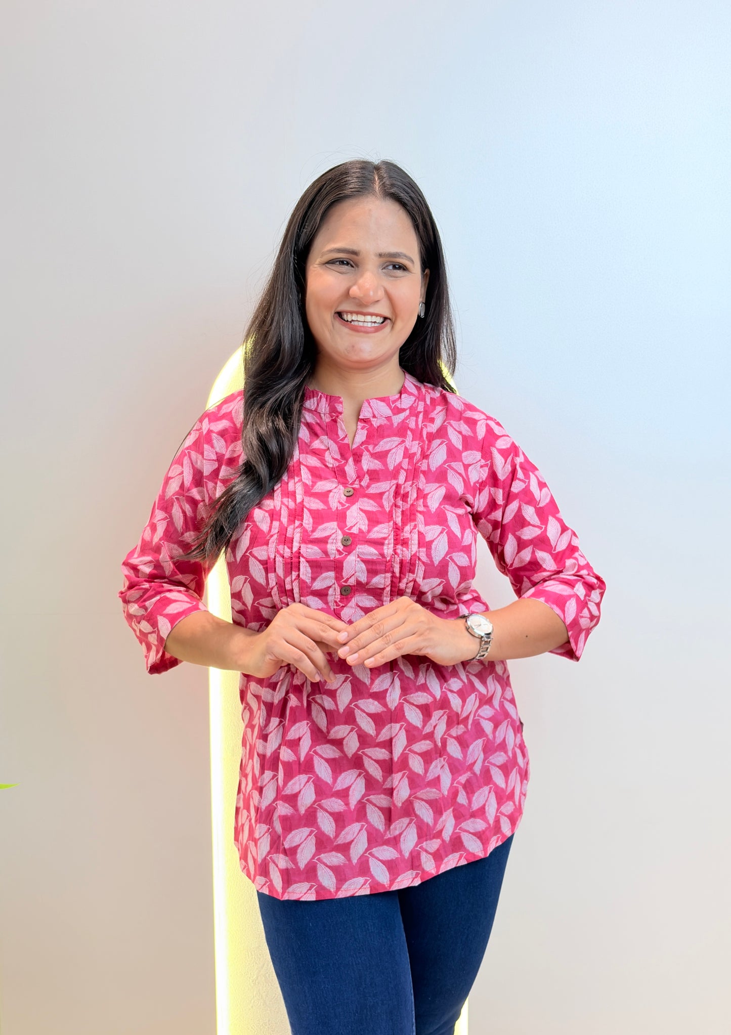 Pink Leaf Print Pintex Short Kurta
