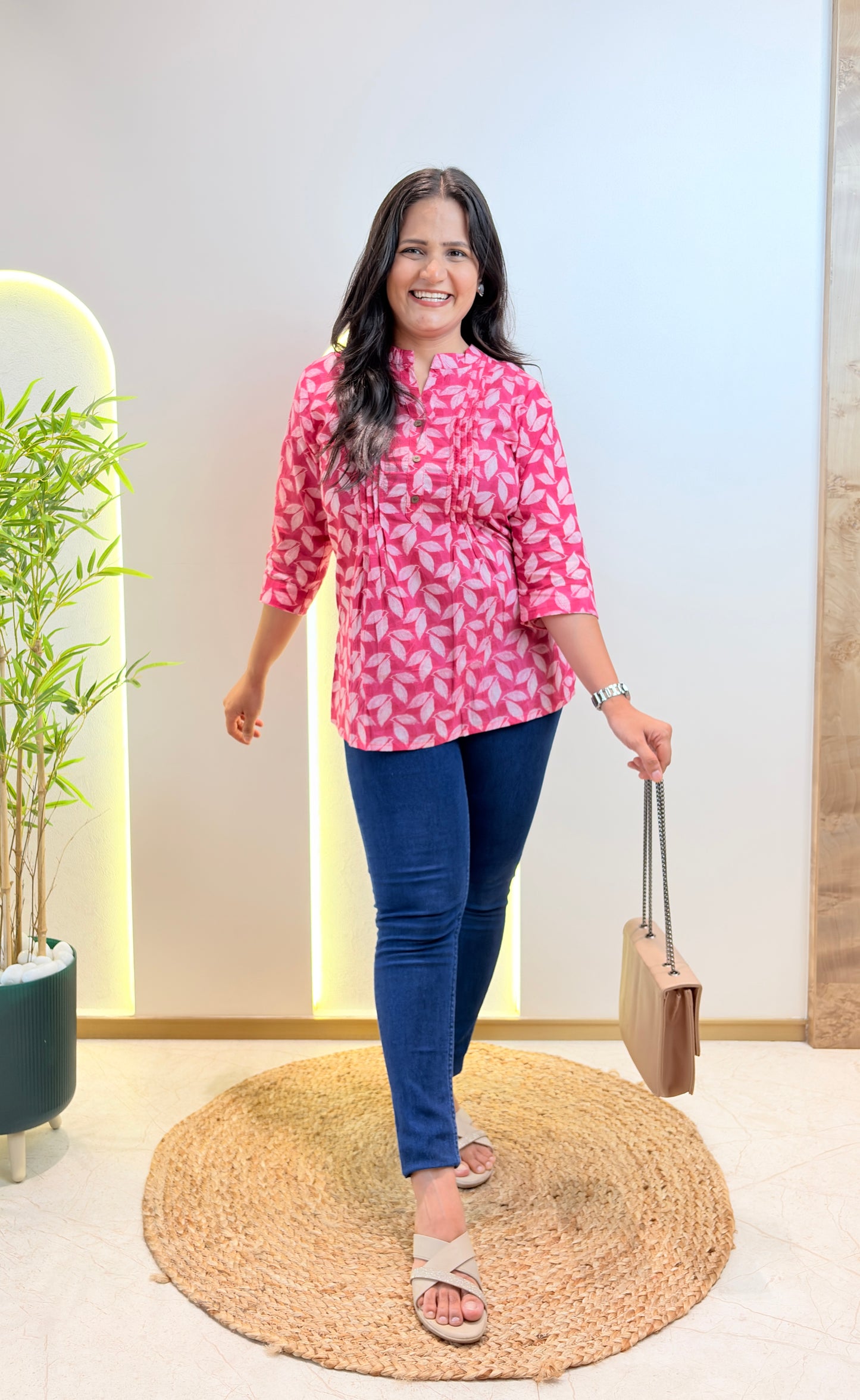 Pink Leaf Print Pintex Short Kurta