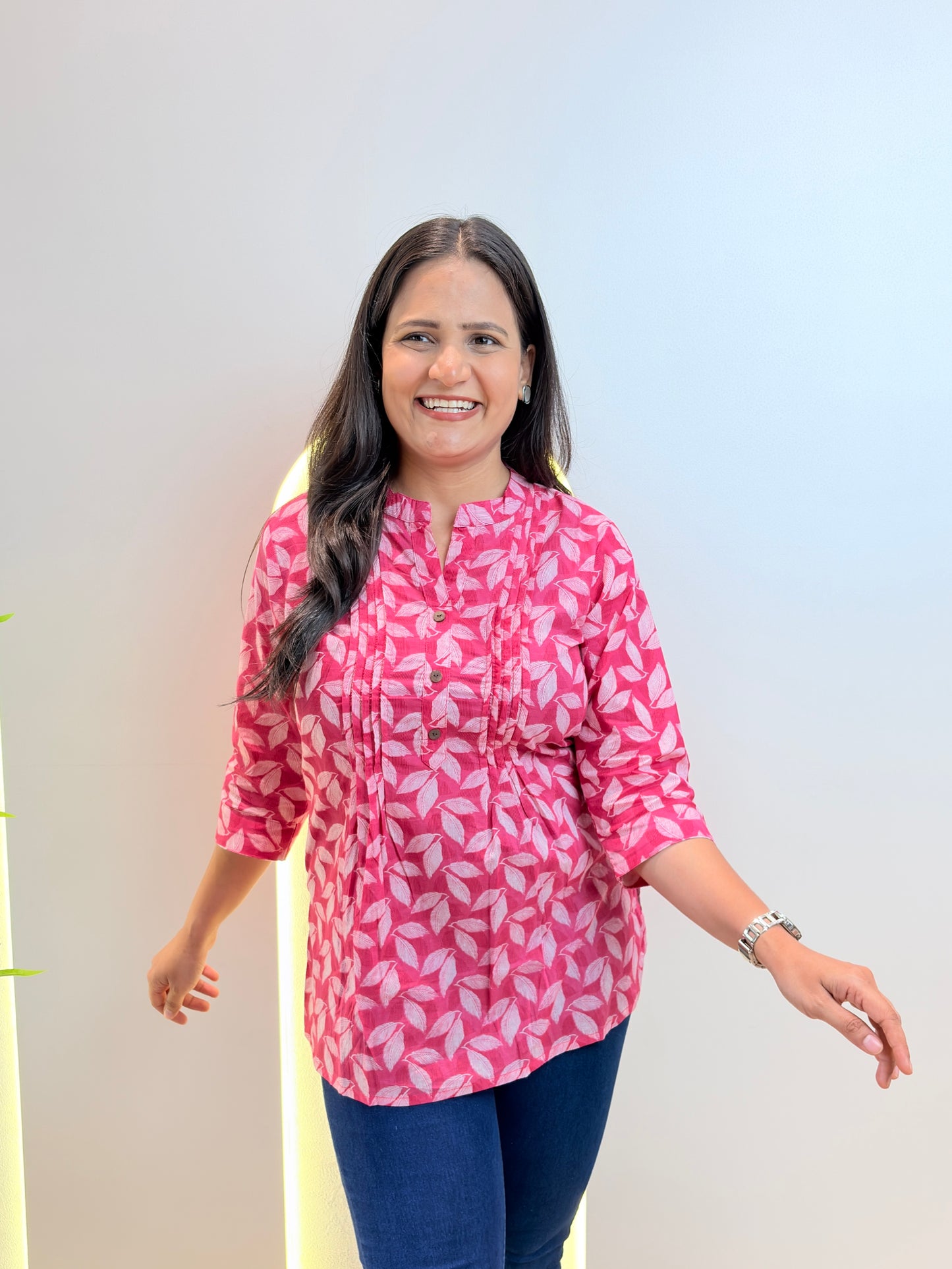 Pink Leaf Print Pintex Short Kurta