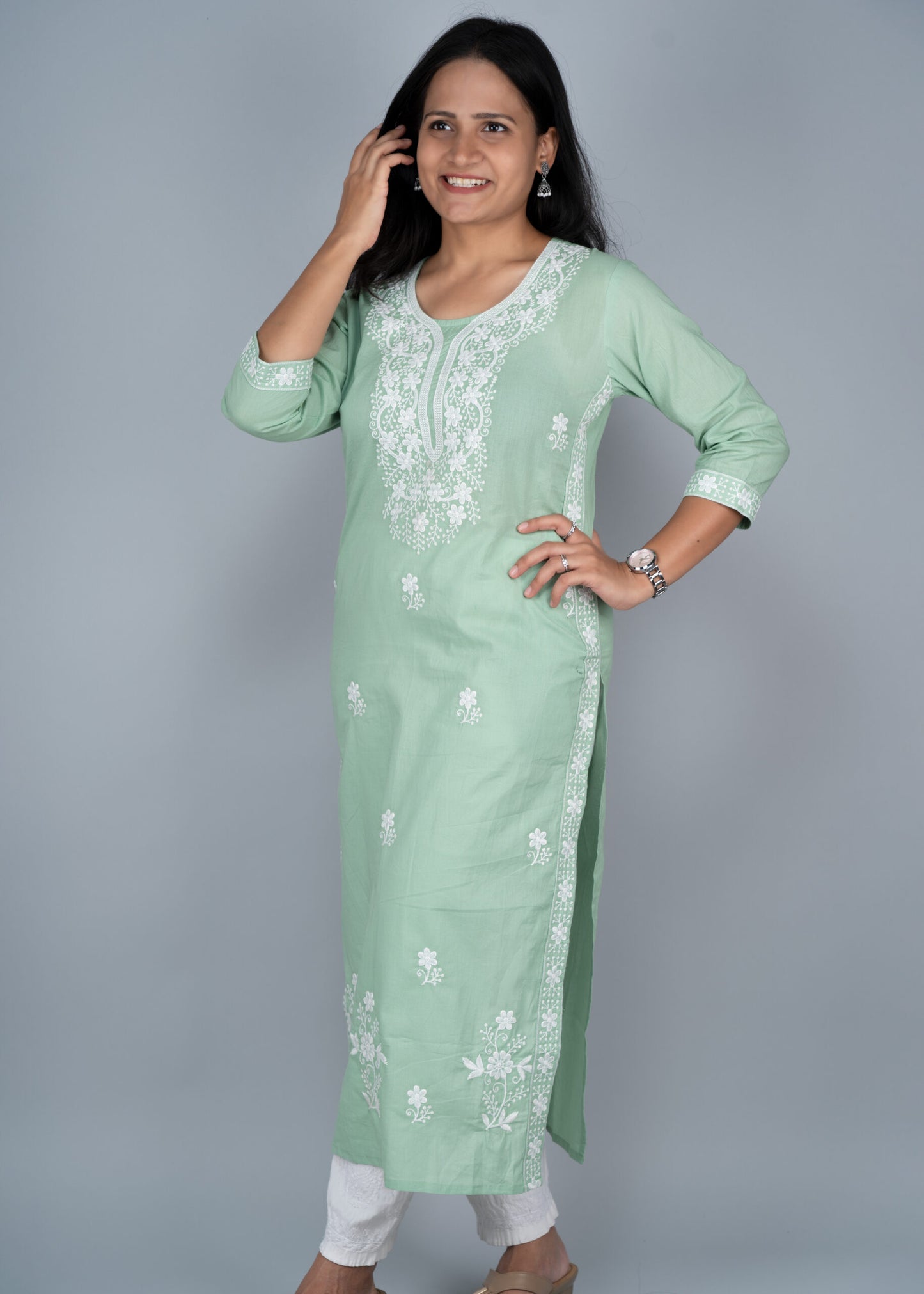 Pista Green Chikankari Long Kurta