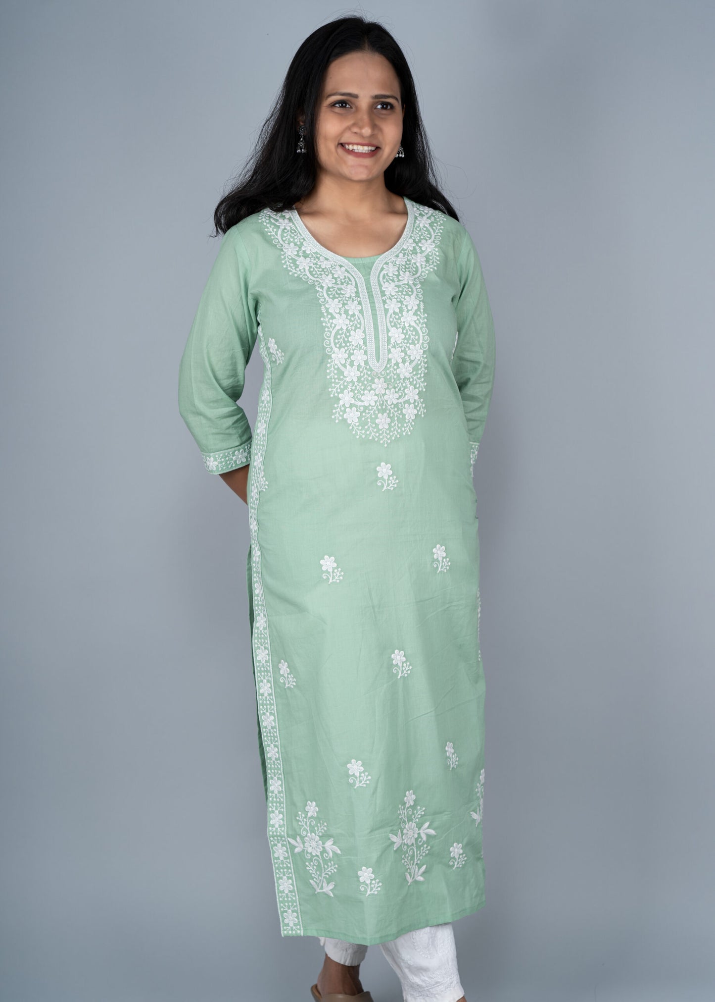 Pista Green Chikankari Long Kurta